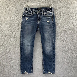Silver Jeans Elyse Capri Jeans Dark Wash Raw Hem Distressed Women's 25‎ x 23